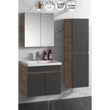 Özceden Çiğdem 55+35 cm Atlantik Çam- Antrasit Gri Mat Mdf Seramik Lavabolu Asma Banyo Dolabı Takımı