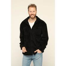 Owut Collection Erkek Siyah Oversize Kanguru Cepli Peluş Hırka