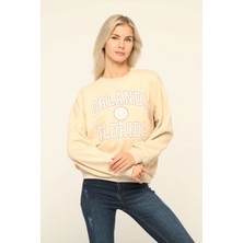 Owut Collection Bej Orlando Florida Bisiklet Yaka Baskılı Sweatshirt