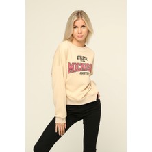 Owut Collection Bej Bisiklet Yaka Baskılı Sweatshirt