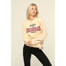 Owut Collection Bej Bisiklet Yaka Baskılı Sweatshirt