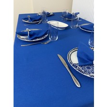Zeren Home Sıvı Geçirmez Keten Dertsiz Masa Örtüsü Saks Mavi + 12 Peçete