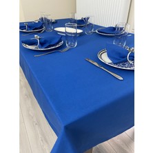 Zeren Home Sıvı Geçirmez Keten Dertsiz Masa Örtüsü Saks Mavi + 12 Peçete