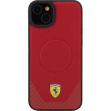 Ferrari iPhone 15 Kılıf Ferrari Orjinal Lisanslı Magsafe Şarj Özellikli Metal Logolu Pu Karbon Kapak Kırmızı