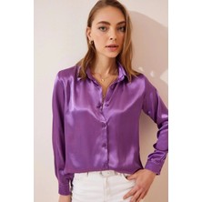Hazelin Kadın Lila Hafif Dökümlü Saten Yüzeyli Gömlek HZL22W-BD139641