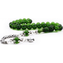 Takı925 925 Ayar Gümüş Sığırcık Kesim Yeşil Renk Sıkma Kehribar Tesbih