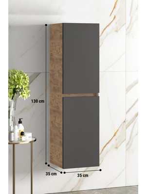 Özceden Yıldız 35*130 cm Atlantik Çam-Antrasit Gri Mat Mdf Asma Banyo Boy Dolabı