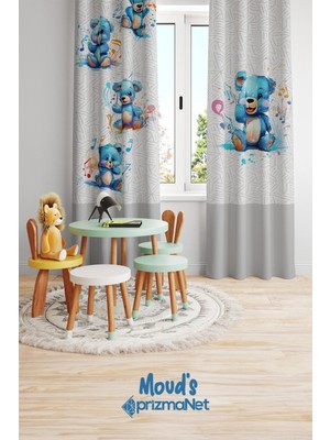 Moud's Mavi Ayıcık Desenli Baskılı Çocuk ve Bebek Odası Fon Perdesi 2 Kanat - Prd-02