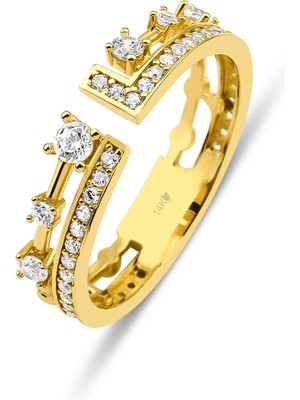 Kairos Jewelry 14 Ayar Altın Round & Baguette Double Open Band Yüzük KRS181-14GRZ