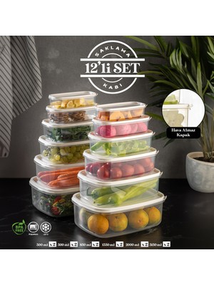 Meleni Home 12'li Set Dikdörtgen Şeffaf Saklama Kabı Seti 300 ml'den 3150 ml'ye Farklı Boyutlar