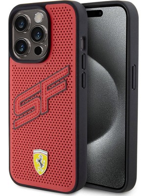 ZORE Ferrari iPhone 15 Pro Kılıf Ferrari Orjinal Lisanslı Pu Delikli Yüzey Metal Logolu Büyük Sf Yazılı Kırmızı