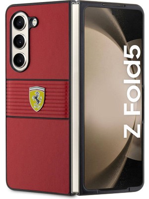 ZORE Ferrari Galaxy Z Fold 5 Kılıf Ferrari Orjinal Lisanslı Pu Deri Metal Logolu Multi Çizgili Kapak Kırmızı
