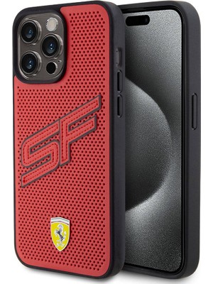 Ferrari iPhone 15 Pro Max Kılıf Ferrari Orjinal Lisanslı Pu Delikli Metal Logolu Büyük Sf Yazılı Kırmızı