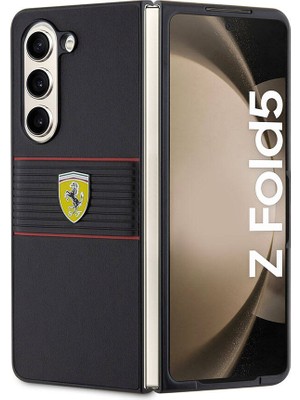 Ferrari Galaxy Z Fold 5 Kılıf Ferrari Orjinal Lisanslı Pu Deri Metal Logolu Multi Çizgili Kapak Siyah