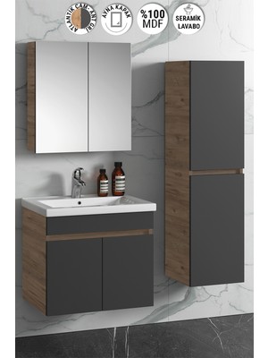 Özceden Çiğdem 55+35 cm Atlantik Çam- Antrasit Gri Mat Mdf Seramik Lavabolu Asma Banyo Dolabı Takımı