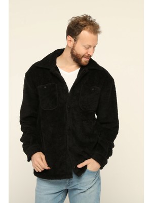 Owut Collection Erkek Siyah Oversize Kanguru Cepli Peluş Hırka