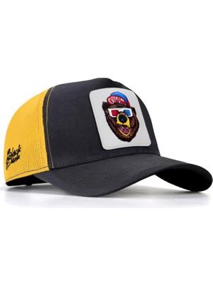 BlackBörk V1 Trucker Ayı - 2 Kod Logolu Unisex Antrasit-Sarı Şapka (Cap)