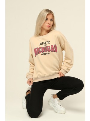 Owut Collection Bej Bisiklet Yaka Baskılı Sweatshirt