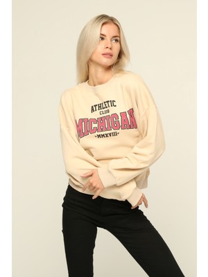 Owut Collection Bej Bisiklet Yaka Baskılı Sweatshirt