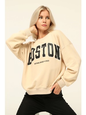 Owut Collection Bej Bisiklet Yaka Baskılı Sweatshirt