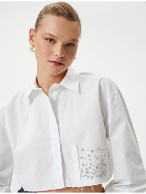 Koton Crop Taşlı Gömlek Uzun Kollu Pamuklu