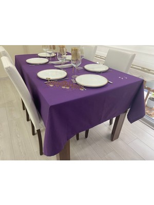 Zeren Home Sıvı Geçirmez Keten Dertsiz Masa Örtüsü Mor + 6 Peçete