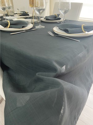 Zeren Home Polyester Keten Dertsiz Masa Örtüsü Füme + 6 Peçete