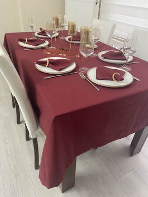 Zeren Home Sıvı Geçirmez Keten Dertsiz Masa Örtüsü Bordo + 6 Peçete