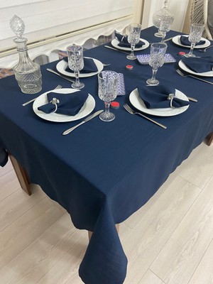 Zeren Home Polyester Keten Dertsiz Masa Örtüsü Lacivert + 12 Peçete