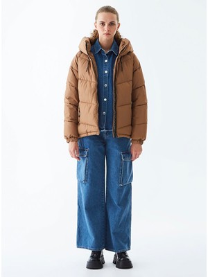 LTB Kadın  Şişme Kapüşonlu Kahve Rengi Mont