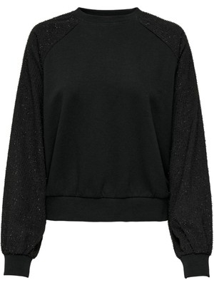 Only O Yaka Düz Siyah Kadın Sweatshırt Onljanıa L/s Glıtter O-Neck Swt