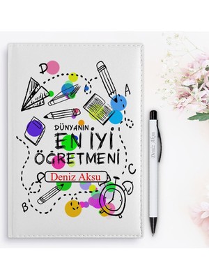 Bk Gift Kişiye Özel Öğretmenler Günü Tasarımlı 2024 Beyaz Deri Ajanda ve Kalem Hediye Seti - 16