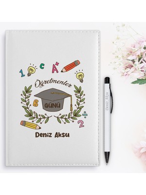 Bk Gift Kişiye Özel Öğretmenler Günü Tasarımlı 2024 Beyaz Deri Ajanda ve Kalem Hediye Seti - 17