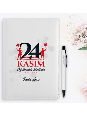Bk Gift Kişiye Özel Öğretmenler Günü Tasarımlı 2024 Beyaz Deri Ajanda ve Kalem Hediye Seti - 13