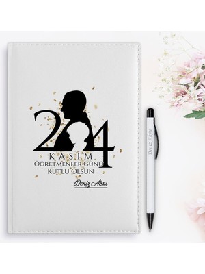 Bk Gift Kişiye Özel Öğretmenler Günü Tasarımlı 2024 Beyaz Deri Ajanda ve Kalem Hediye Seti - 5