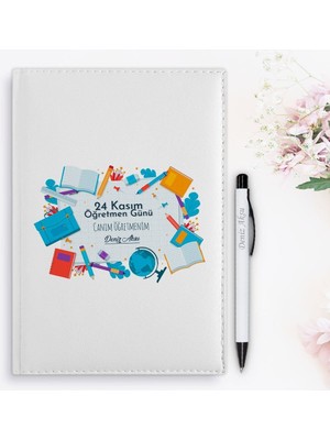 Bk Gift Kişiye Özel Öğretmenler Günü Tasarımlı 2024 Beyaz Deri Ajanda ve Kalem Hediye Seti - 3