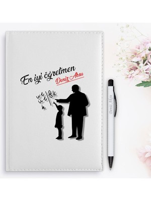 Bk Gift Kişiye Özel Öğretmenler Günü Tasarımlı 2024 Beyaz Deri Ajanda ve Kalem Hediye Seti - 7
