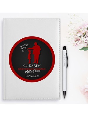 Bk Gift Kişiye Özel Öğretmenler Günü Tasarımlı 2024 Beyaz Deri Ajanda ve Kalem Hediye Seti - 12