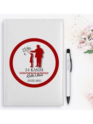 Bk Gift Kişiye Özel Öğretmenler Günü Tasarımlı 2024 Beyaz Deri Ajanda ve Kalem Hediye Seti - 11