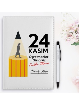 Bk Gift Kişiye Özel Öğretmenler Günü Tasarımlı 2024 Beyaz Deri Ajanda ve Kalem Hediye Seti - 9