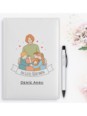 Bk Gift Kişiye Özel Öğretmenler Günü Tasarımlı 2024 Beyaz Deri Ajanda ve Kalem Hediye Seti - 8