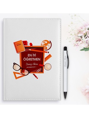 Bk Gift Kişiye Özel Öğretmenler Günü Tasarımlı 2024 Beyaz Deri Ajanda ve Kalem Hediye Seti - 1