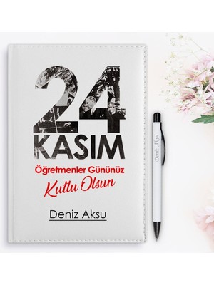 Bk Gift Kişiye Özel Öğretmenler Günü Tasarımlı 2024 Beyaz Deri Ajanda ve Kalem Hediye Seti - 10