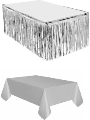 DropFokul Plastik Gümüş Masa Örtüsü - Gümüş Metalize Masa Eteği Püskülü