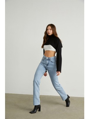 Vatkalı Yüksek Bel Straight Fit Jean Mavi