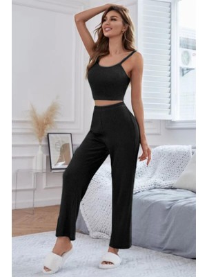 Bella Notte Viskon Siyah 3 Lü Trend Crop Takım 7010