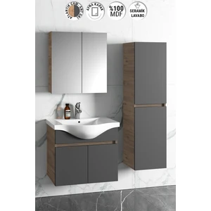 Yıldız 55+35 cm Atlantik Çam- Antrasit Gri Mat Mdf Seramik Lavabolu Asma Banyo Dolabı Takımı