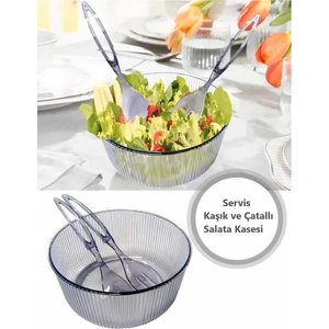Akrilik, Yuvarlak, Servis Kaşığı ve Çatallı Salata Kasesi Servis Sunum Tabağı 23 cm