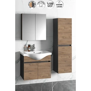 Yıldız 65+35 cm Antrasit Gri Mat-Atlantik Çam Mdf Seramik Lavabolu Asma Banyo Dolabı Takımı