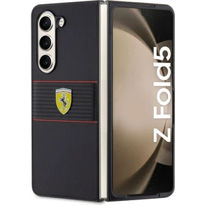 Galaxy Z Fold 5 Kılıf Ferrari Orjinal Lisanslı Pu Deri Metal Logolu Multi Çizgili Kapak Siyah